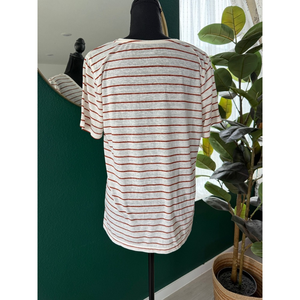 Lucky Brand Venice Burnout Striped V-Neck T-Shirt White Rust Orange Large - Picture 3 of 8
